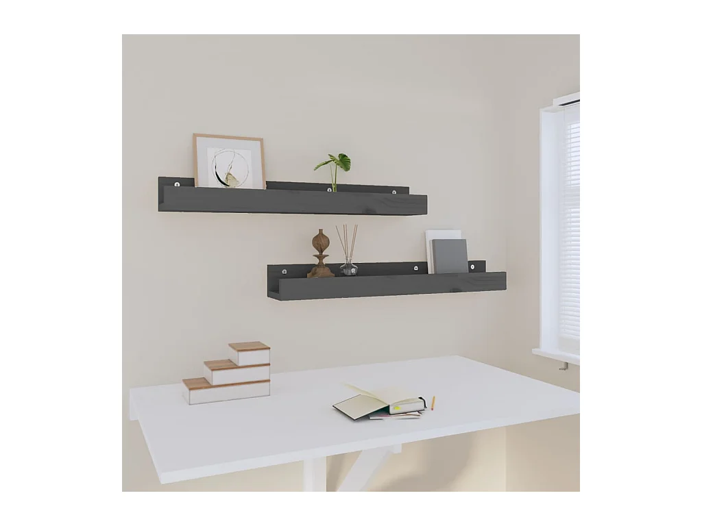 Estantes de pared 2 uds Gris 80x12x9 cm Madera maciza de pino