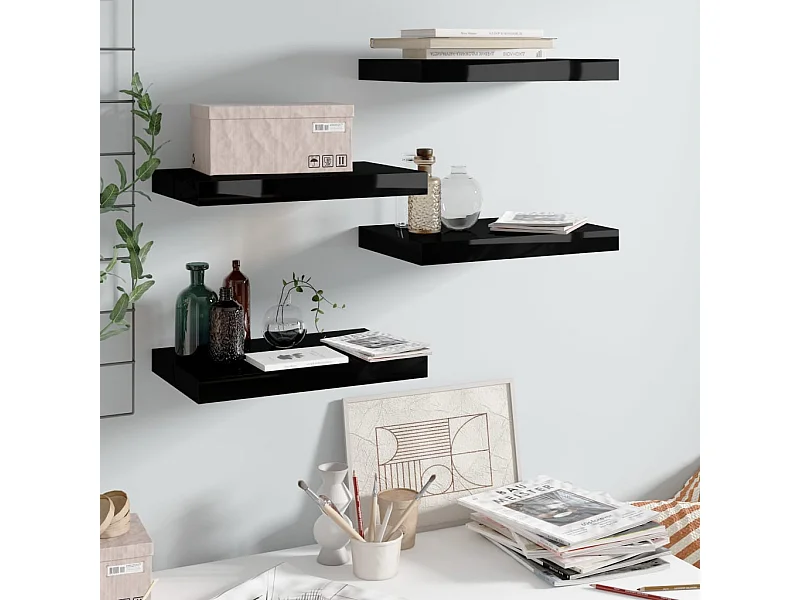 Estantería flotante de pared 4 piezas Negro Brillo 40x23x3,8 cm MDF