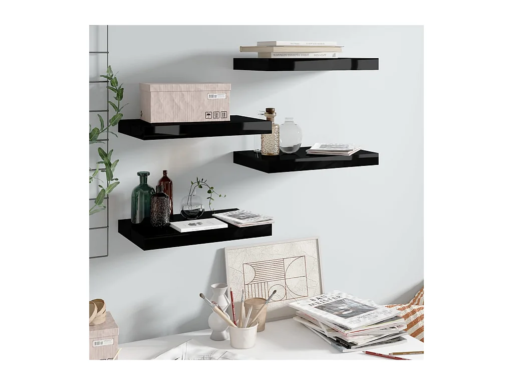 Estantería flotante de pared 4 piezas Negro Brillo 40x23x3,8 cm MDF