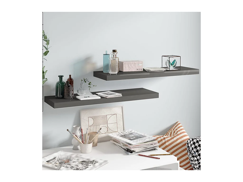 Mensola sospesa da parete 2 pezzi Grigio lucido 80x23,5x3,8 cm MDF
