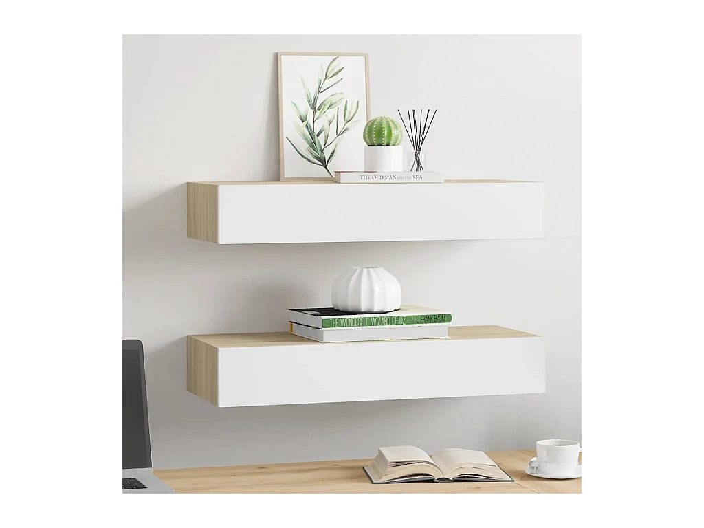 Estantes de cajón de pared 2 uds Roble y blanco 60x23,5x10cm MDF