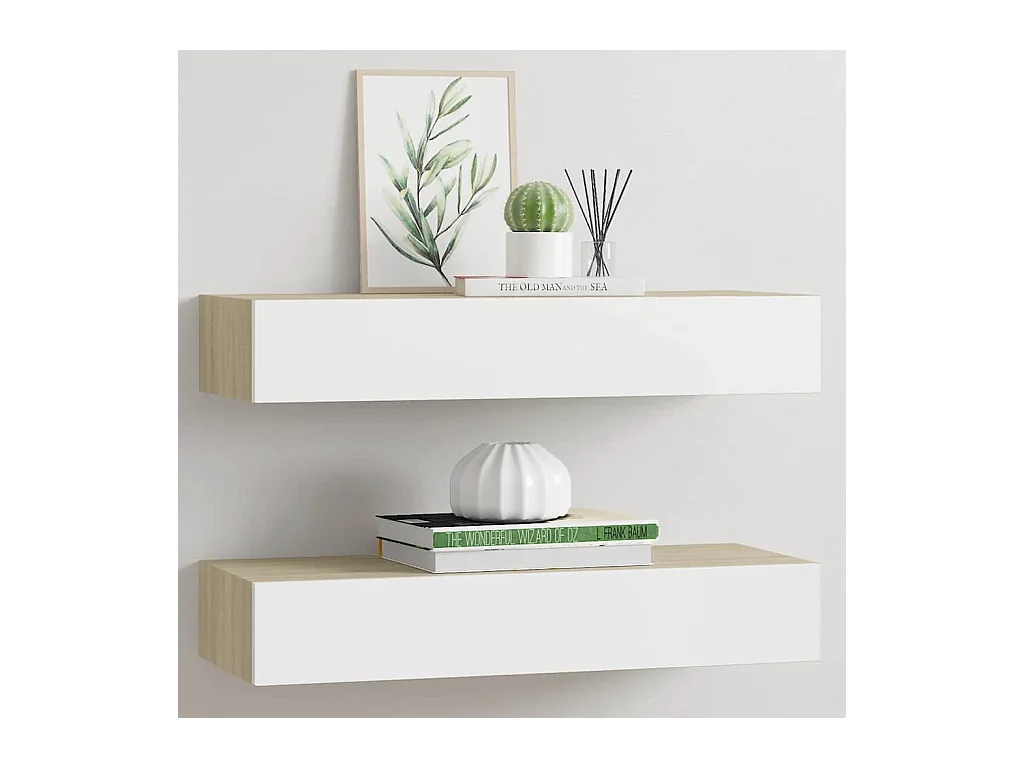 Wandmontierte Schubladenregale 2 Stück Eiche und Weiß 60x23,5x10cm MDF