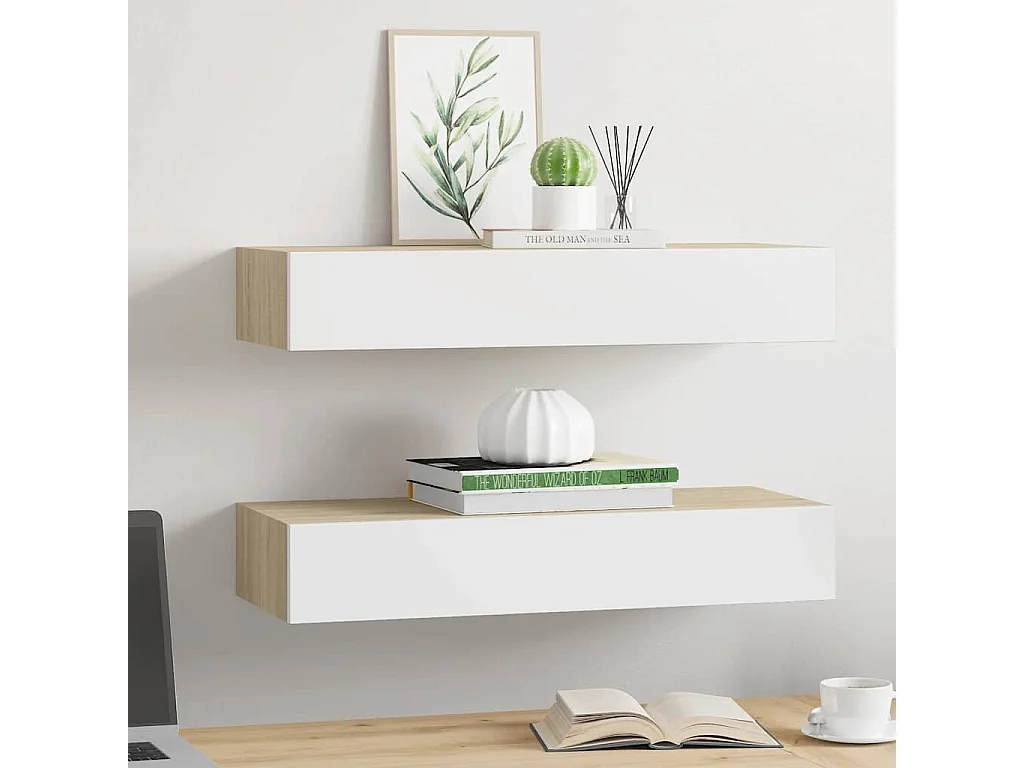 Mensole a cassetti da parete 2 pezzi Rovere e bianco 60x23,5x10cm MDF