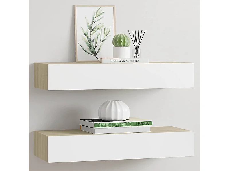Étagères à tiroir murales 2 pcs Chêne et blanc 60x23,5x10cm MDF