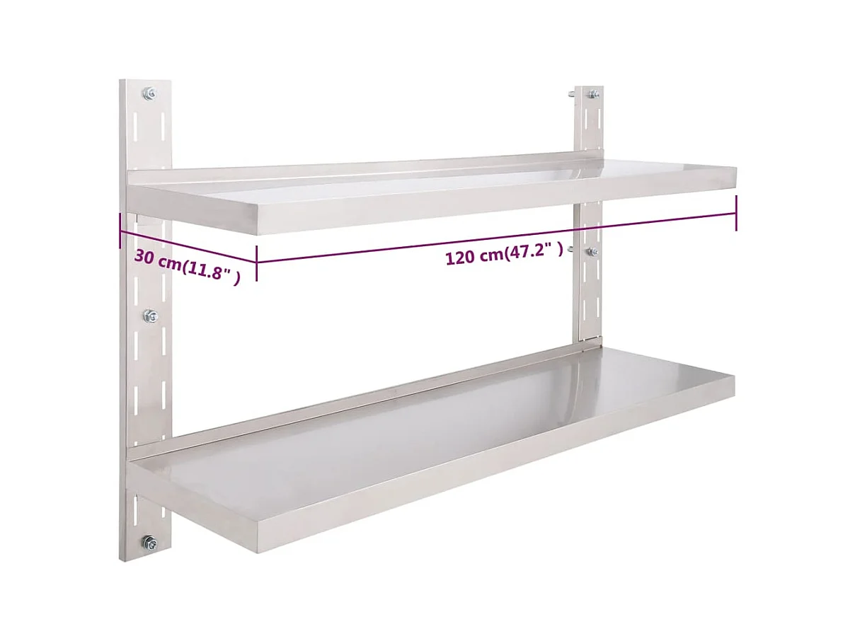 Estante de pared de 2 niveles Acero inoxidable 120x30 cm