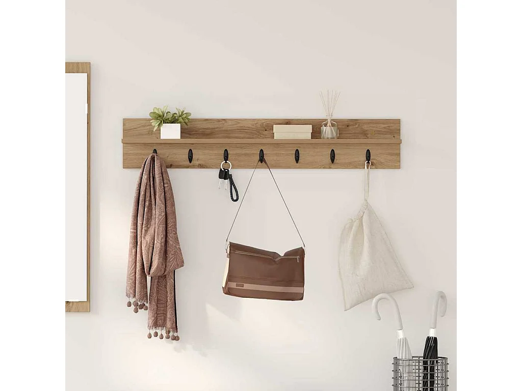 Porte-manteau mural chêne artisanal 100 x 10.5 x 18 cm