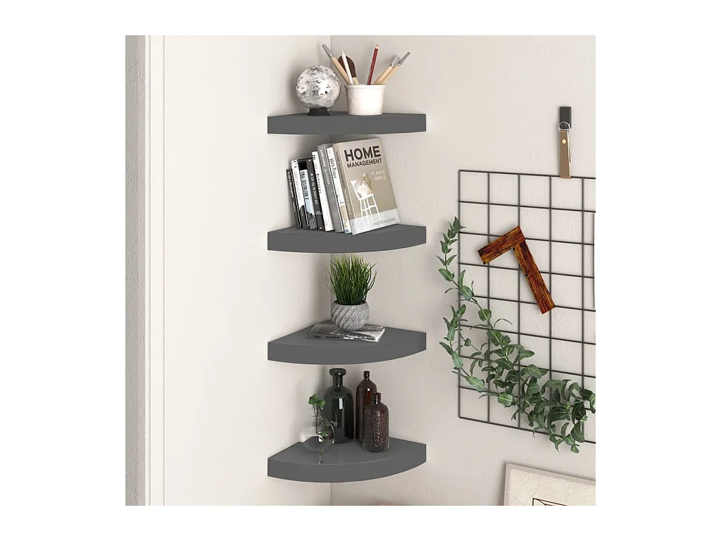 Estantes flotantes de esquina (4 unidades), gris brillante, 25 x 25 x 3,8 cm, MDF