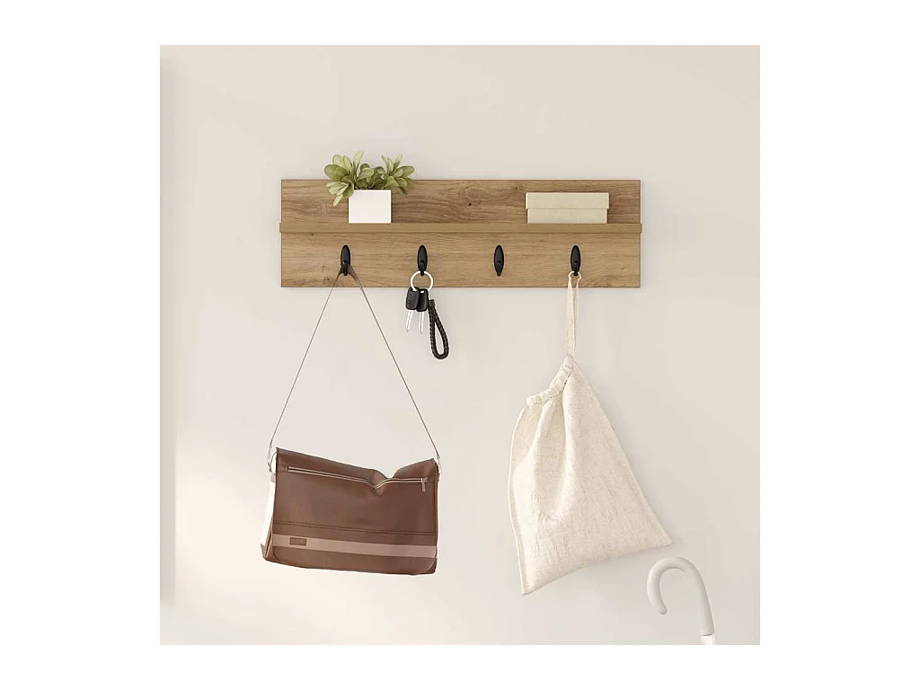 Porte-manteau mural chêne artisanal 60 x 10.5 x 18 cm