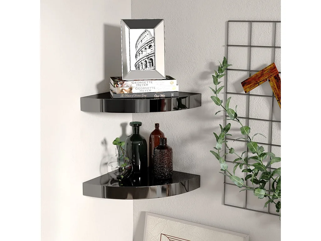 Étagères d'angle flottantes 2pcs noir brillant 25x25x3,8cm MDF