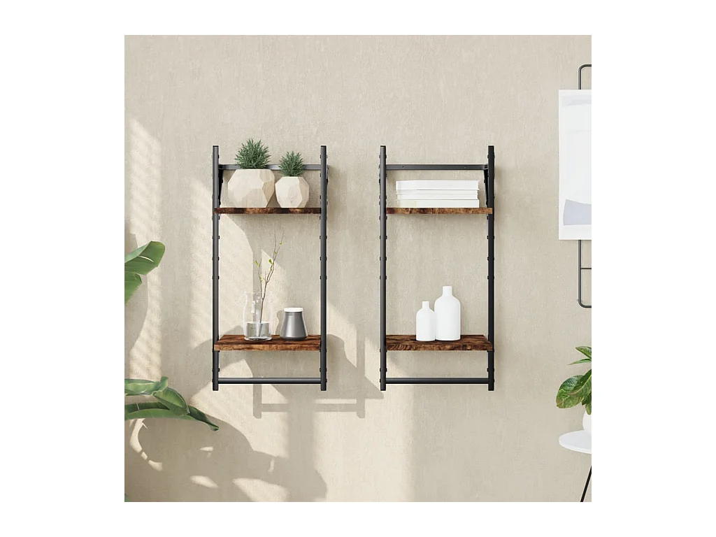 Mensole da parete a 2 livelli con barre 2 pezzi rovere affumicato