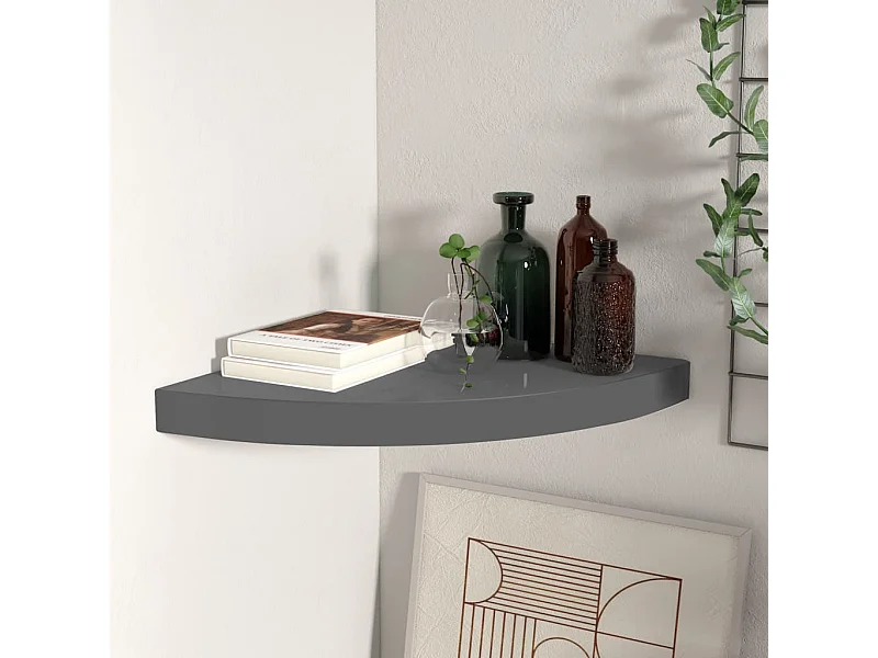 Étagère d'angle flottante gris brillant 35x35x3,8 cm MDF