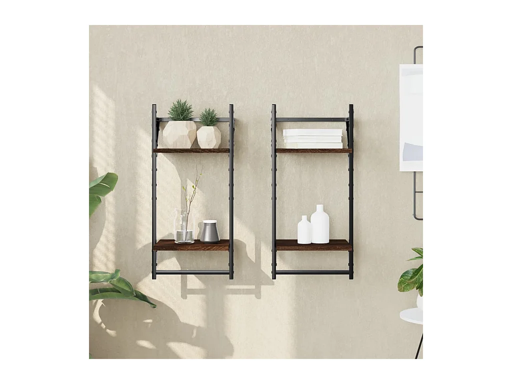Étagères murales à 2 niveaux avec barres 2 pcs chêne marron