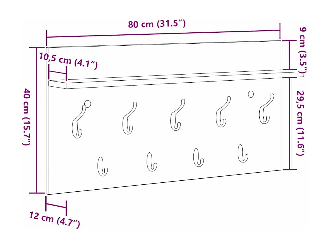 Appendiabiti da parete con ripiano in rovere Sonoma 80 x 40 x 12 cm