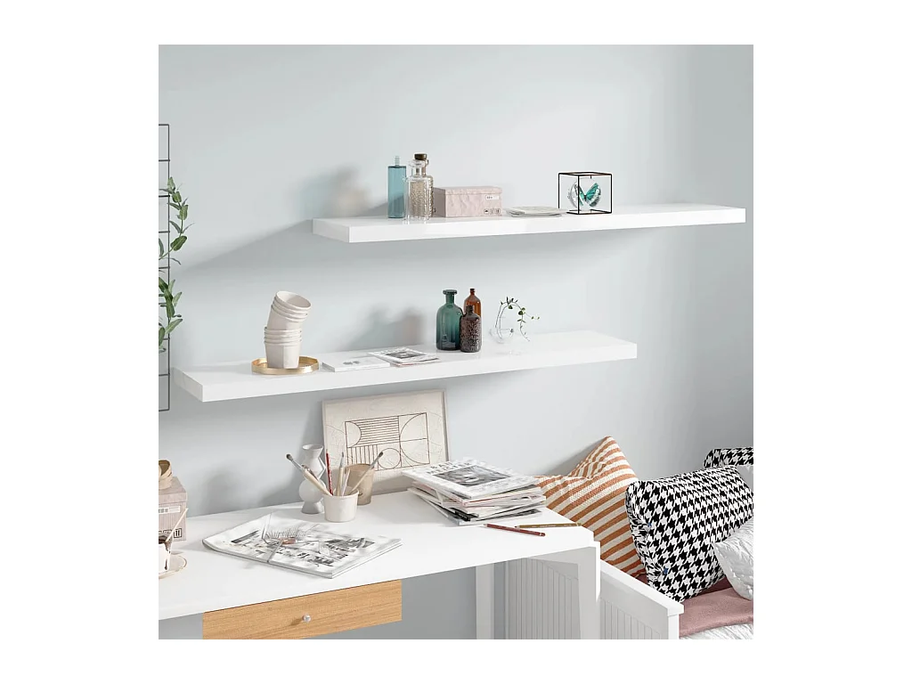 Mensola da parete galleggiante 2 pezzi bianco lucido 120x23,5x3,8 cm MDF