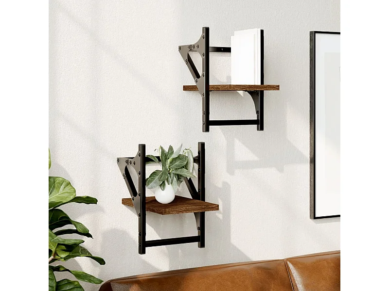 Wandplanken met stangen 2 stuks eikenbruin 20x25x30 cm