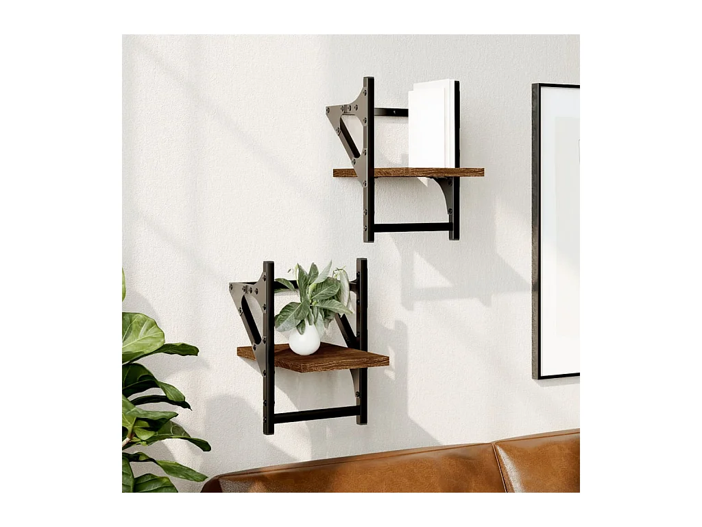 Wandplanken met stangen 2 stuks eikenbruin 20x25x30 cm