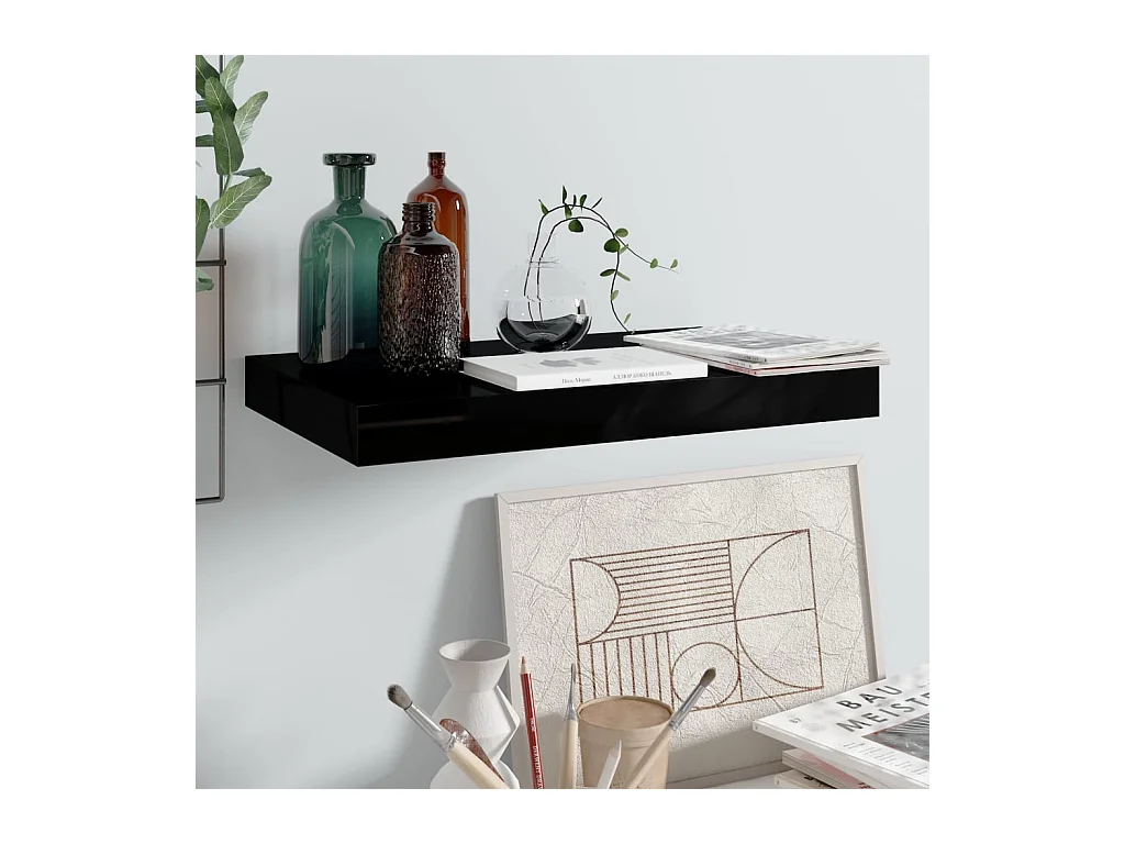 Estante flotante de pared MDF negro brillo 40x23x3,8 cm