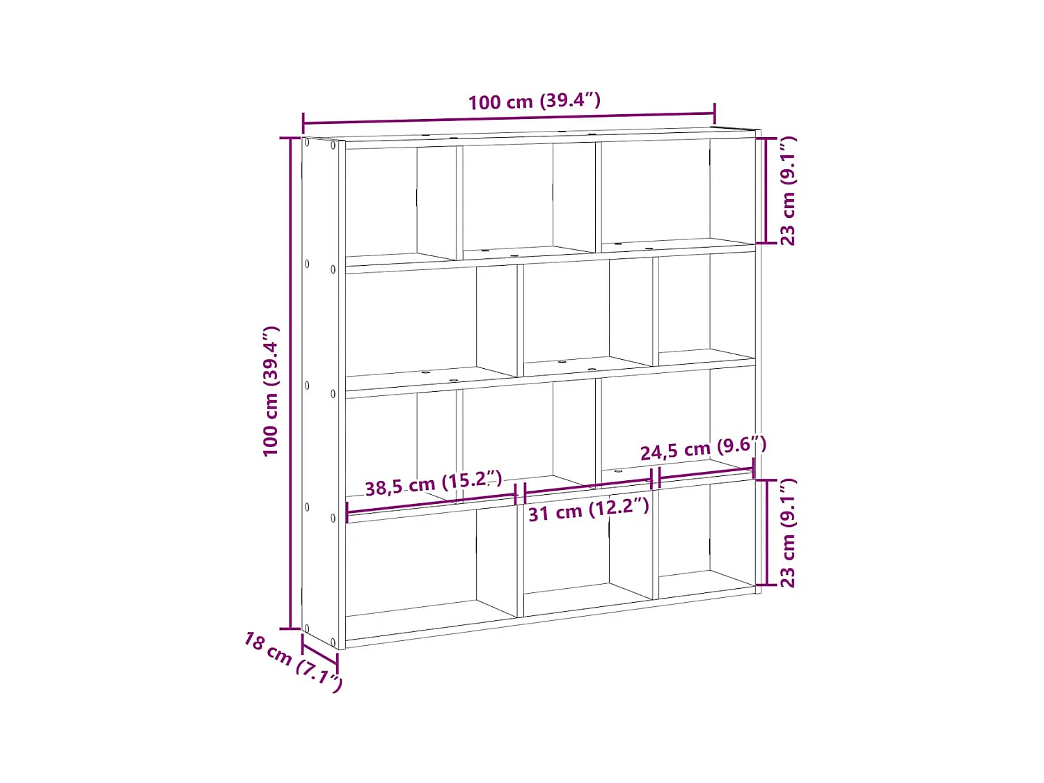 Estante cúbico de pared de 12 compartimentos en roble marrón
