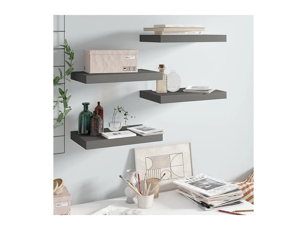 Estantería flotante de pared 4 piezas Gris Brillo 40x23x3,8 cm MDF