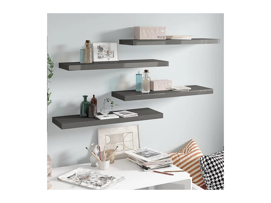 Mensola sospesa da parete 4 pezzi grigio lucido 80x23,5x3,8 cm MDF