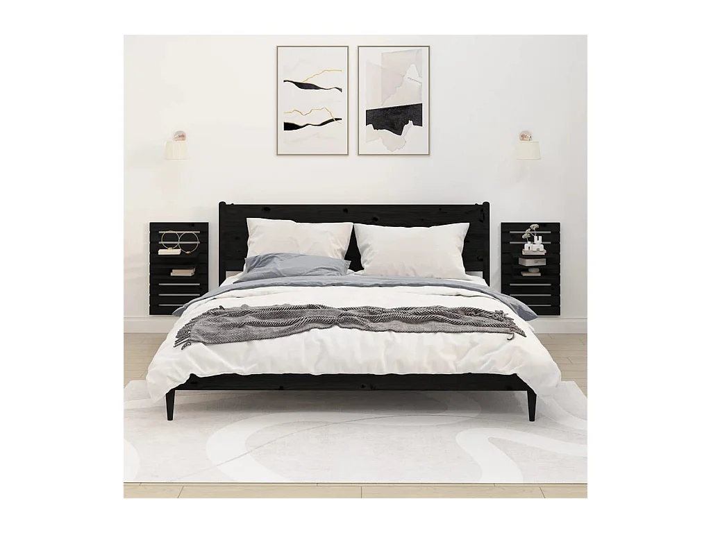 Étagères de chevet murales 2 pcs Noir Bois de pin massif