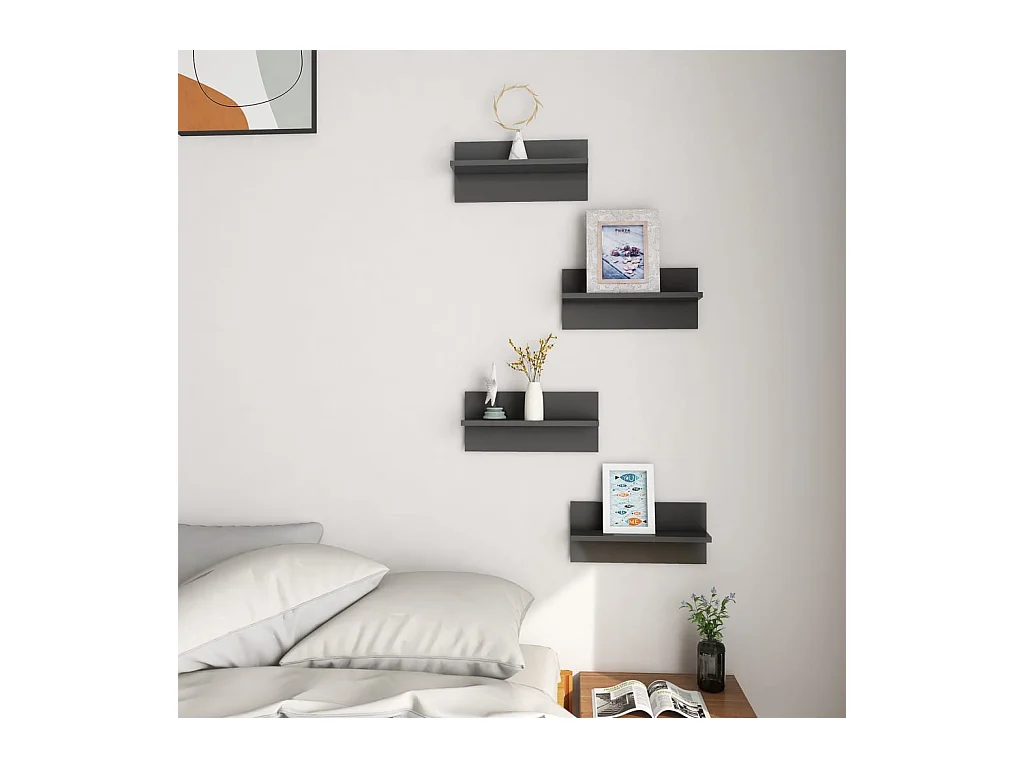 Mensole da parete a 4 pezzi, grigio lucido, legno ingegnerizzato
