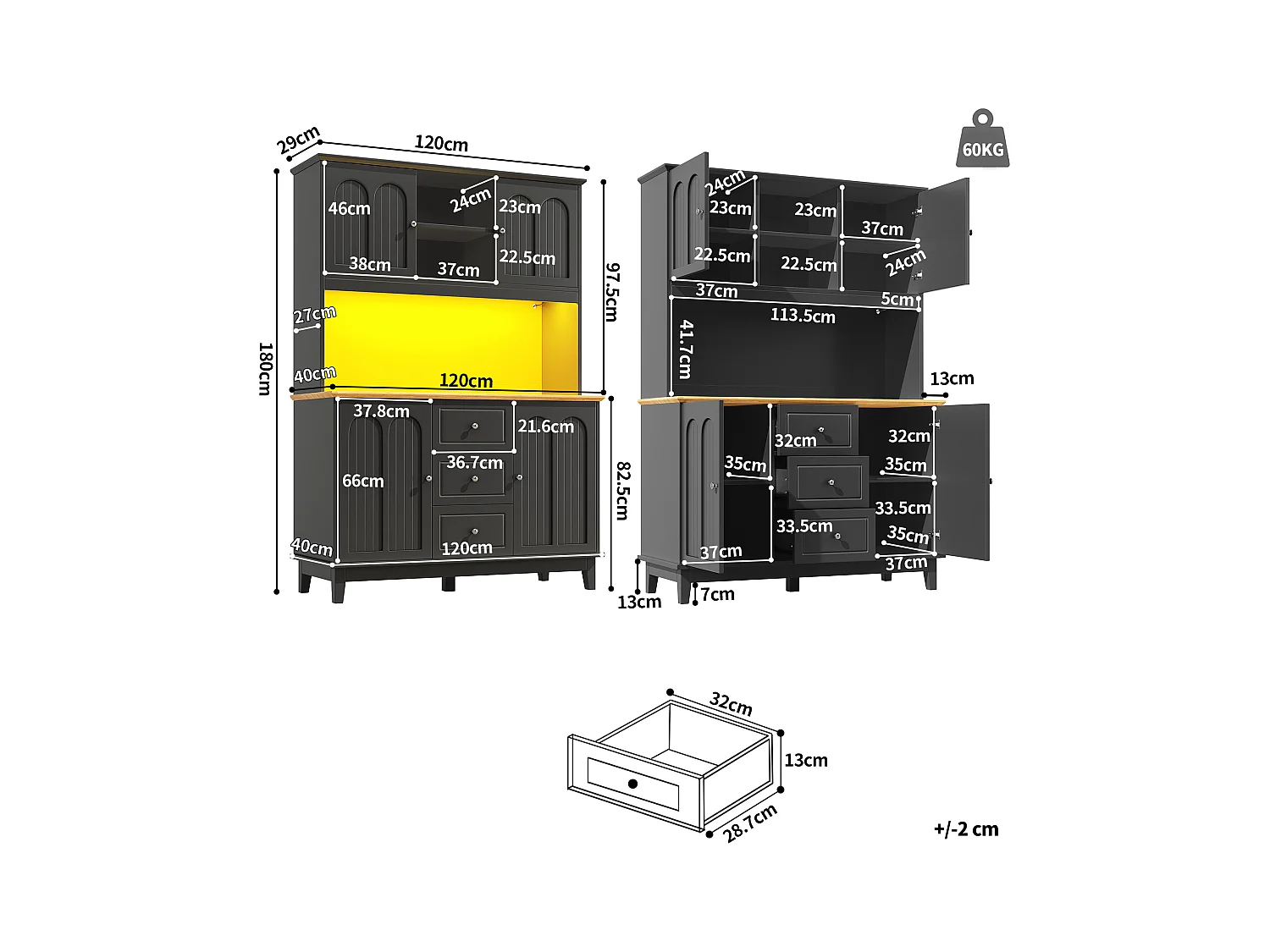Buffet de cuisine de haute qualité - 120 x 40 x 180 cm - avec Leds + 3 tiroirs + 4 portes - MDF - noir