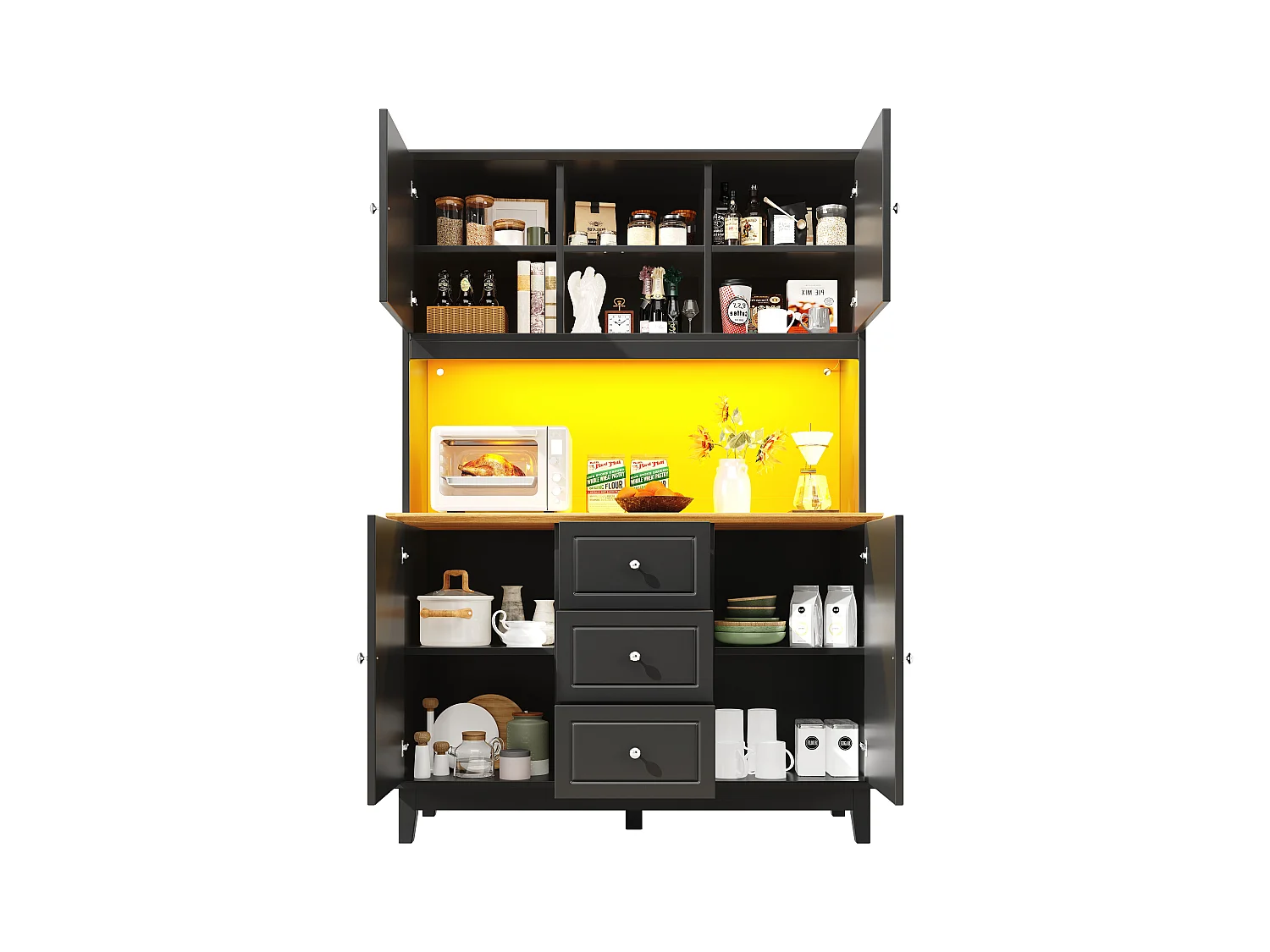 Buffet de cuisine de haute qualité - 120 x 40 x 180 cm - avec Leds + 3 tiroirs + 4 portes - MDF - noir