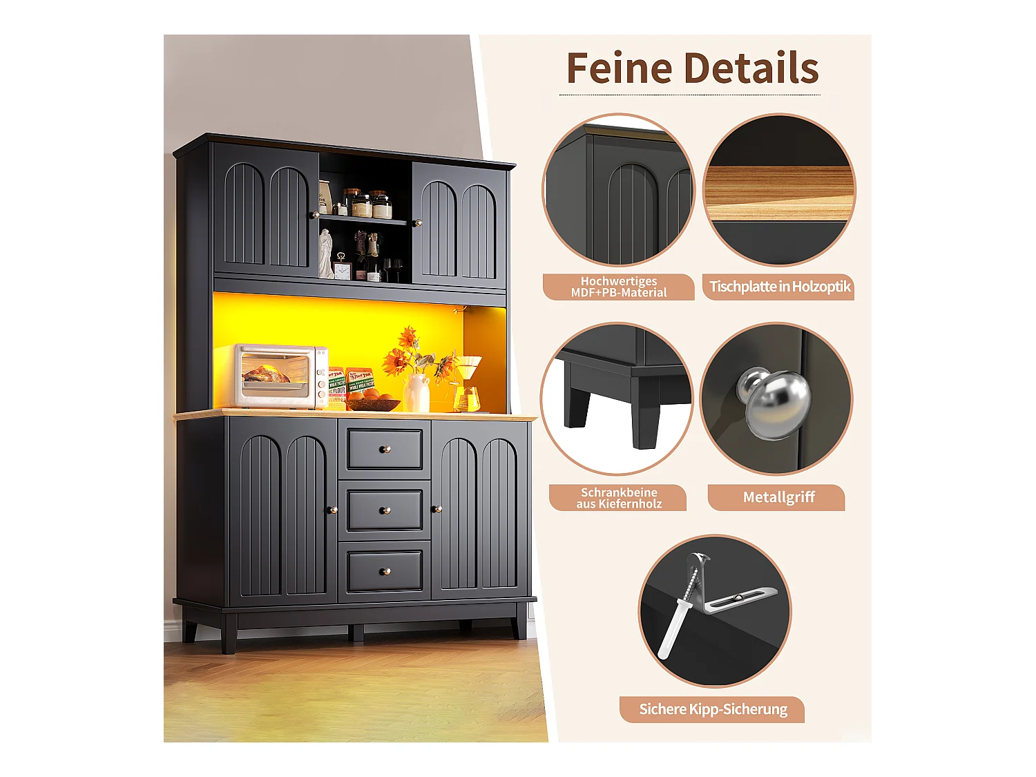 Buffet de cuisine de haute qualité - 120 x 40 x 180 cm - avec Leds + 3 tiroirs + 4 portes - MDF - noir