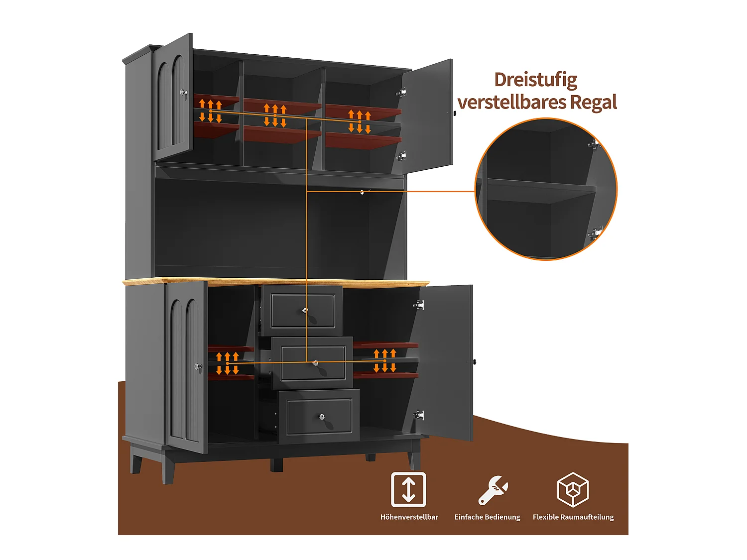 Buffet de cuisine de haute qualité - 120 x 40 x 180 cm - avec Leds + 3 tiroirs + 4 portes - MDF - noir