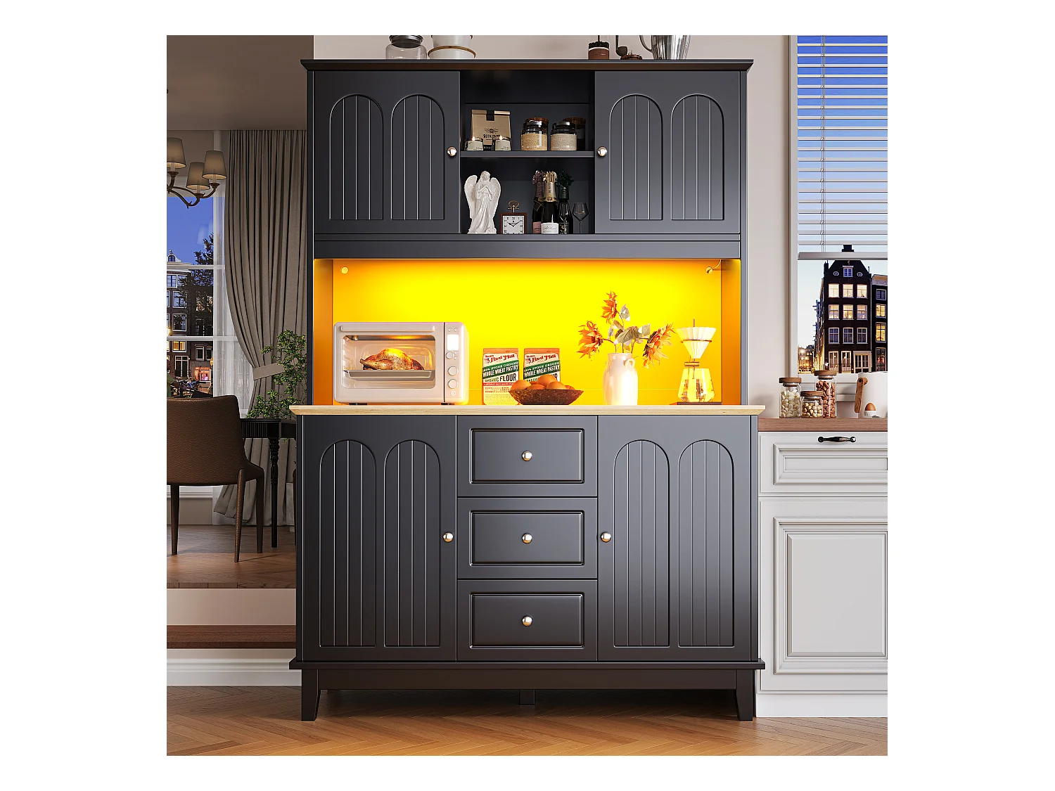 Buffet de cuisine de haute qualité - 120 x 40 x 180 cm - avec Leds + 3 tiroirs + 4 portes - MDF - noir