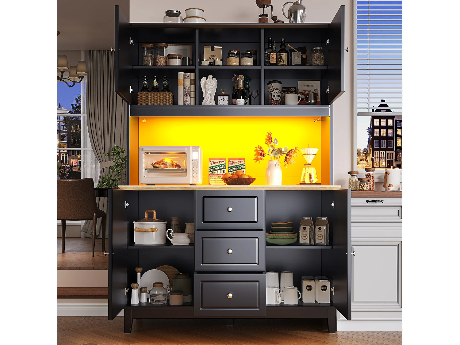 Buffet de cuisine de haute qualité - 120 x 40 x 180 cm - avec Leds + 3 tiroirs + 4 portes - MDF - noir