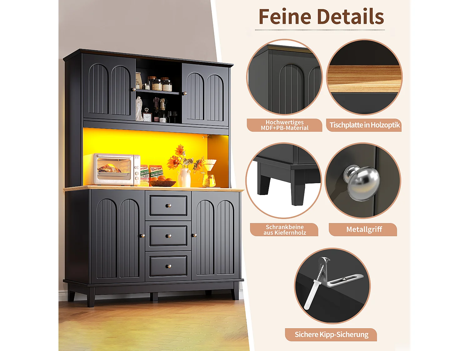 Buffet de cuisine de haute qualité - 120 x 40 x 180 cm - avec Leds + 3 tiroirs + 4 portes - MDF - noir