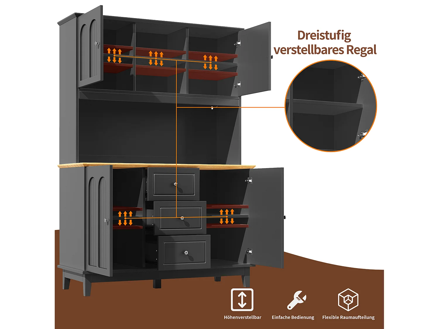 Buffet de cuisine de haute qualité - 120 x 40 x 180 cm - avec Leds + 3 tiroirs + 4 portes - MDF - noir