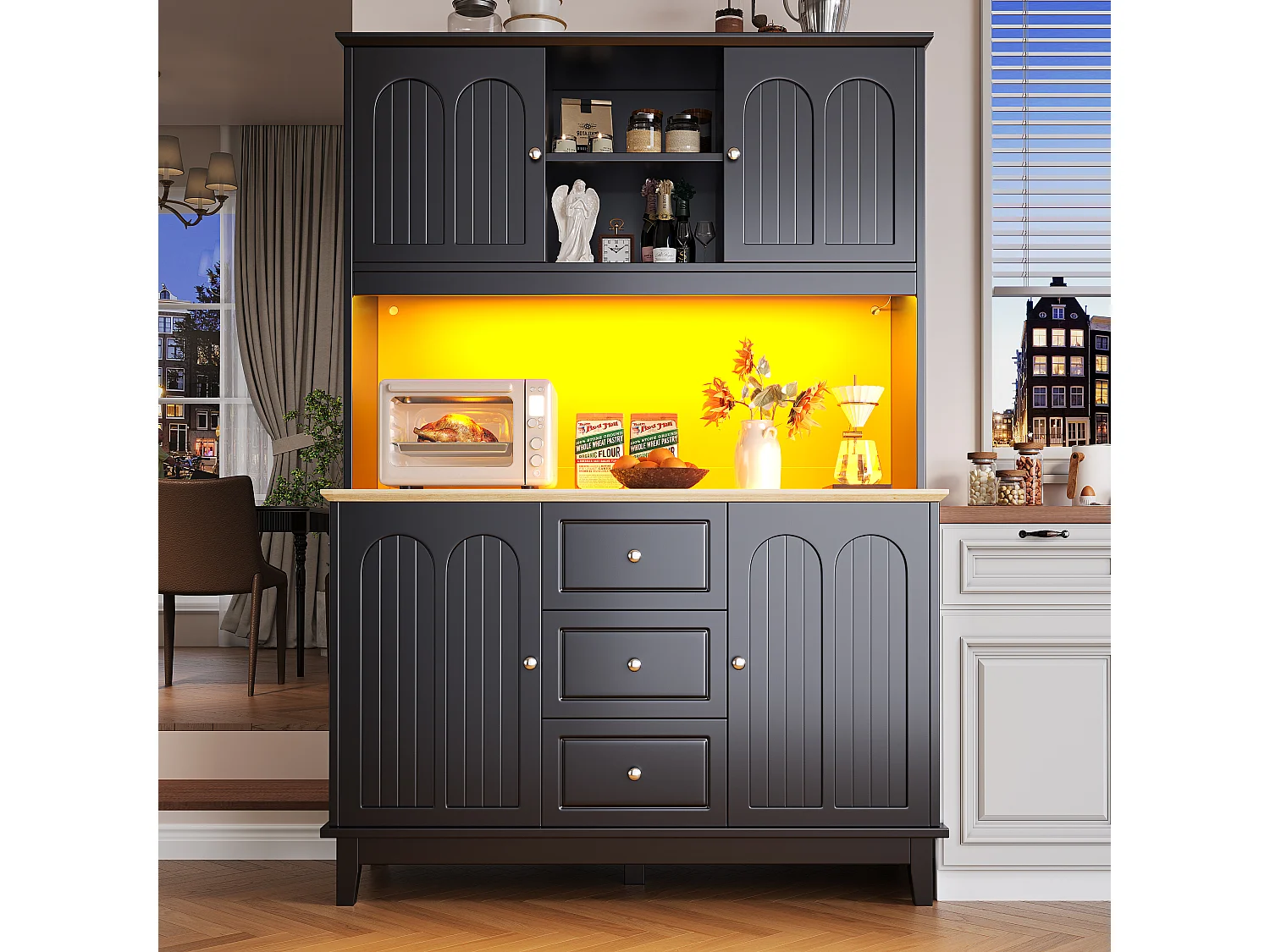 Buffet de cuisine de haute qualité - 120 x 40 x 180 cm - avec Leds + 3 tiroirs + 4 portes - MDF - noir