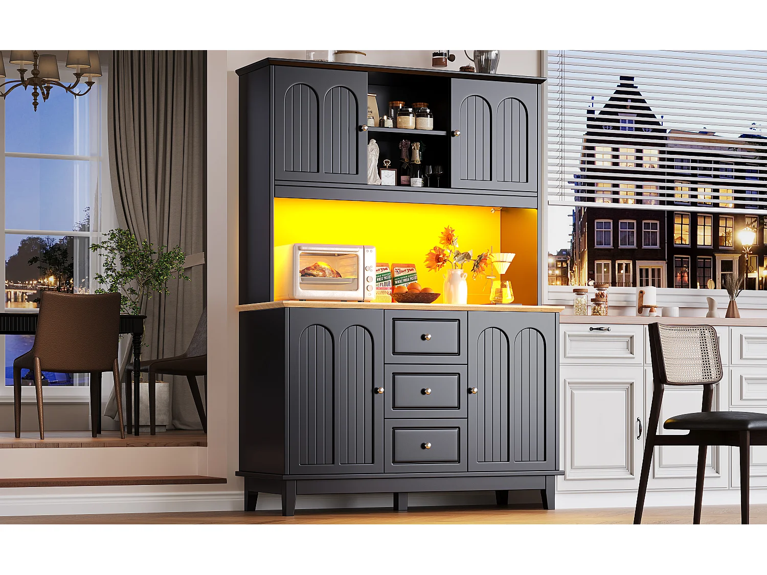 Buffet de cuisine de haute qualité - 120 x 40 x 180 cm - avec Leds + 3 tiroirs + 4 portes - MDF - noir