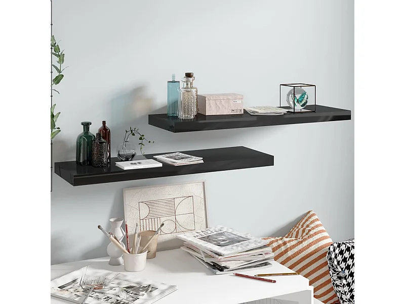 Estantería flotante de pared 2 piezas Negro Brillo 80x23,5x3,8 cm MDF