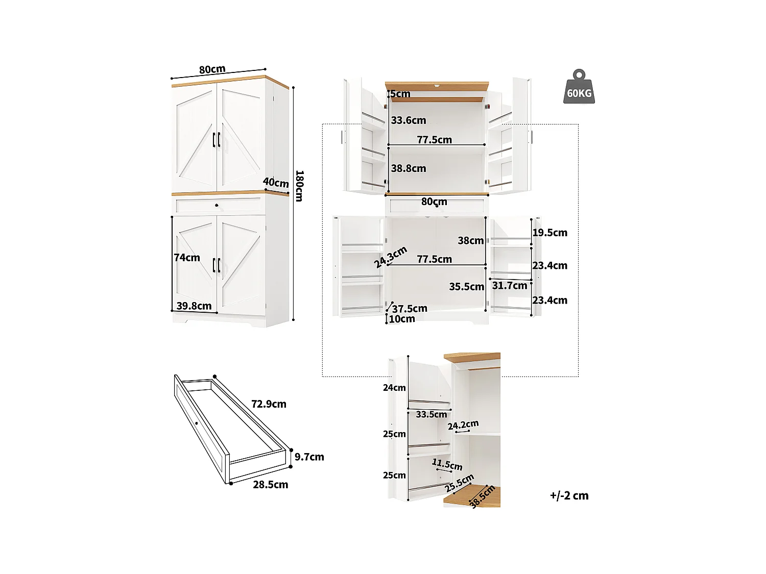 Buffet de cuisine - 80 x 40 x 180 cm - avec 4 portes + 1 tiroir - MDF - blanc