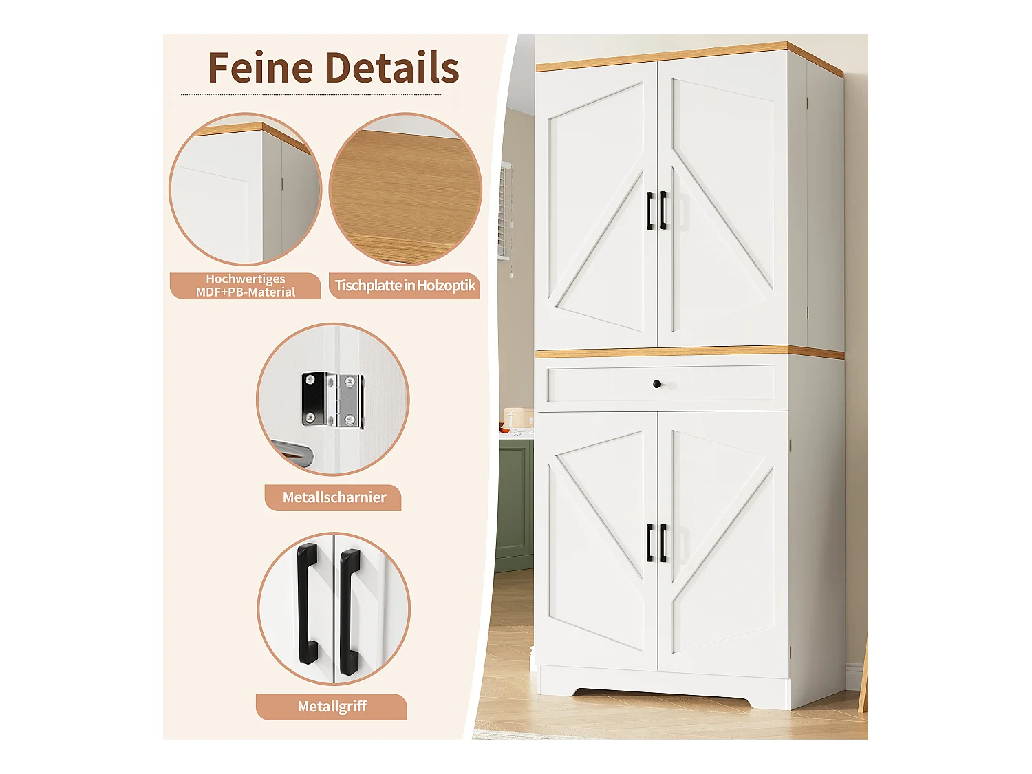 Buffet de cuisine - 80 x 40 x 180 cm - avec 4 portes + 1 tiroir - MDF - blanc