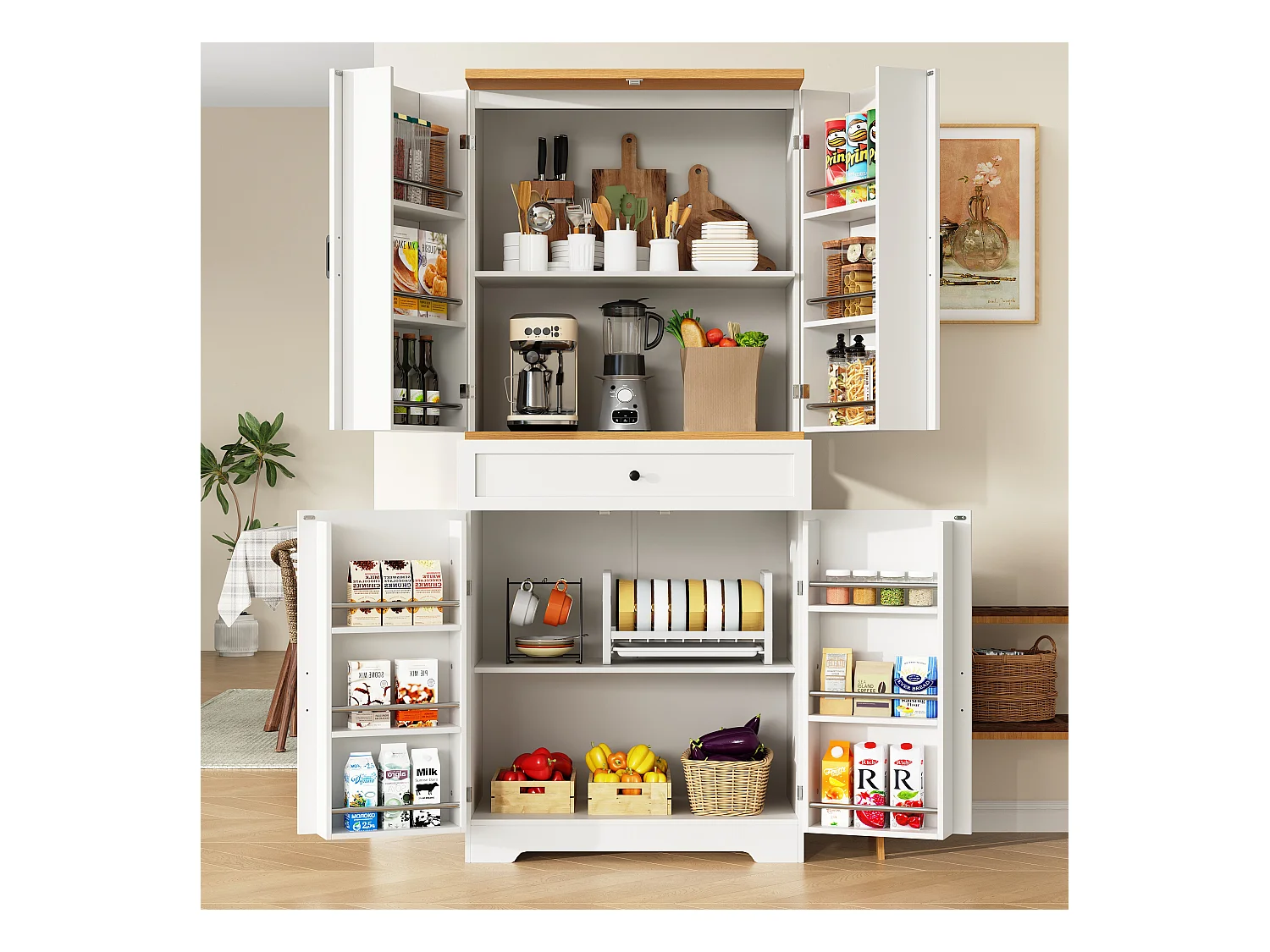 Küchen-Sideboard - 80 x 40 x 180 cm - mit 4 Türen + 1 Schublade - MDF - weiß