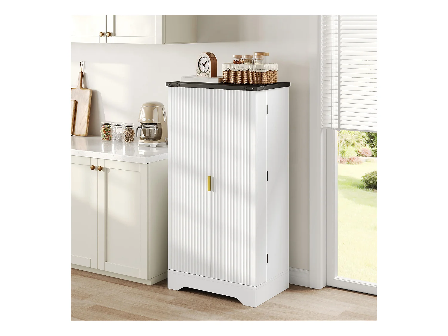 Buffet de cuisine - 60.5 x 40 x 120 cm - avec Leds + 2 portes + étagères réglable - MDF - blanc