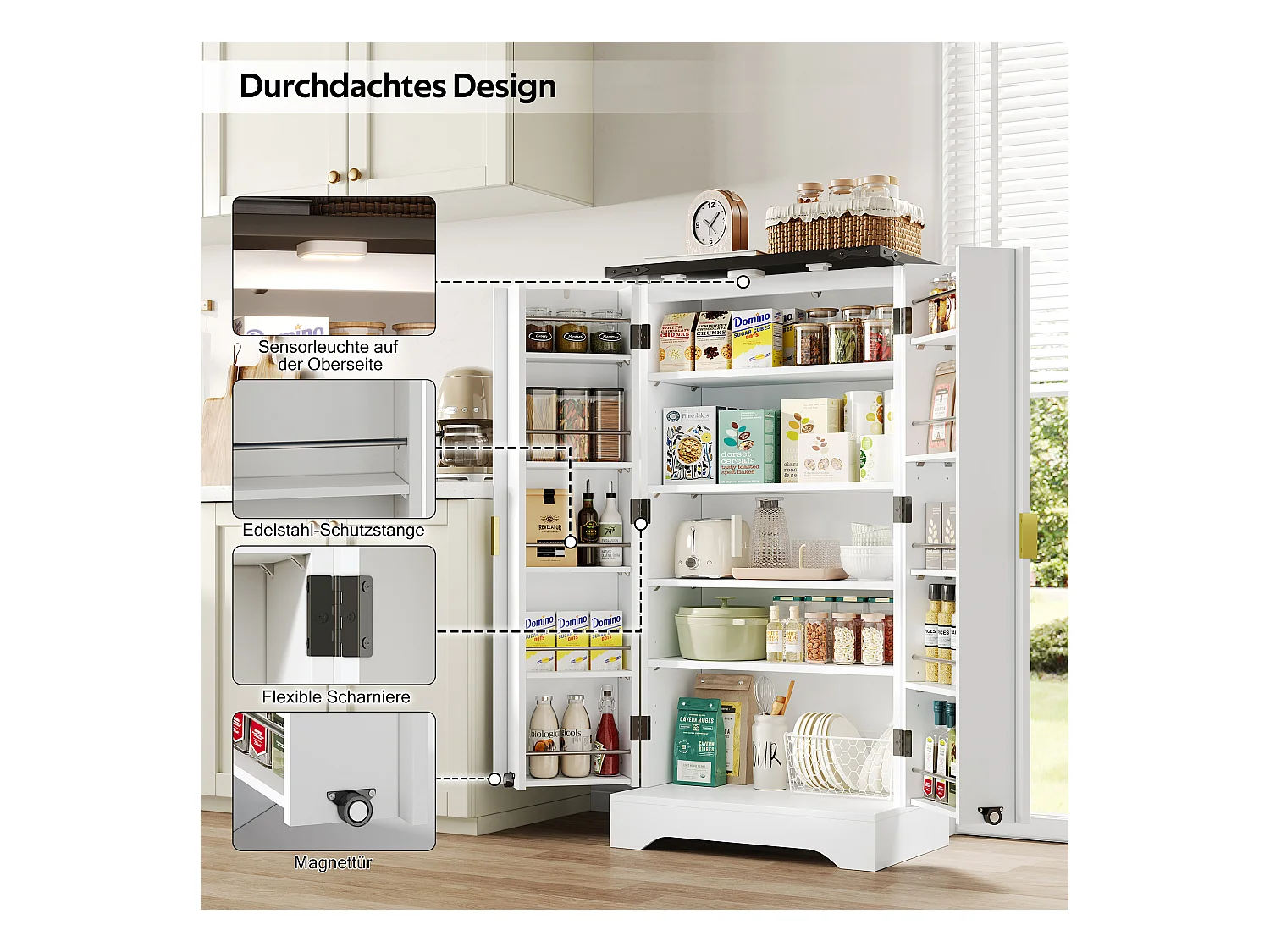 Buffet de cuisine - 60.5 x 40 x 120 cm - avec Leds + 2 portes + étagères réglable - MDF - blanc