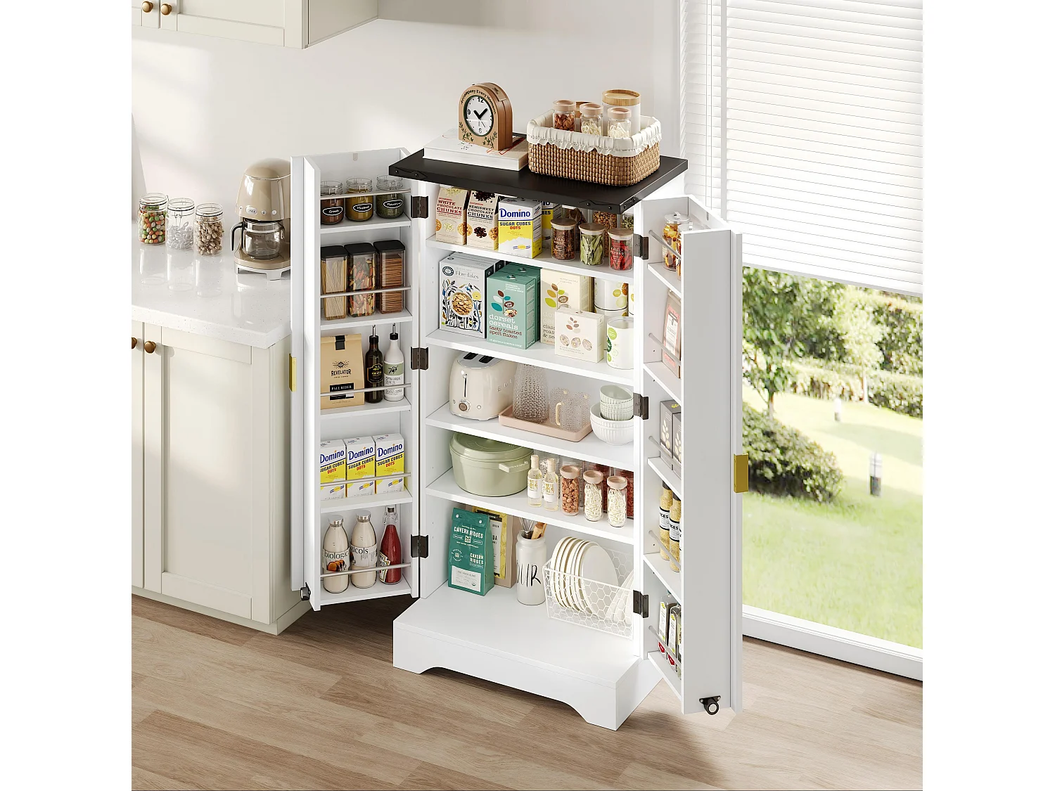 Buffet de cuisine - 60.5 x 40 x 120 cm - avec Leds + 2 portes + étagères réglable - MDF - blanc