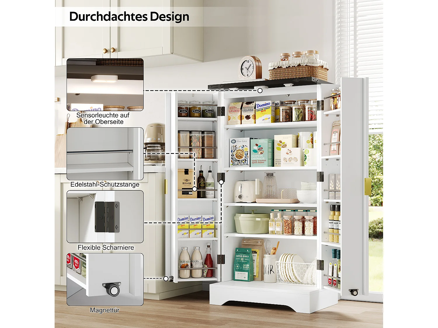 Buffet de cuisine - 60.5 x 40 x 120 cm - avec Leds + 2 portes + étagères réglable - MDF - blanc