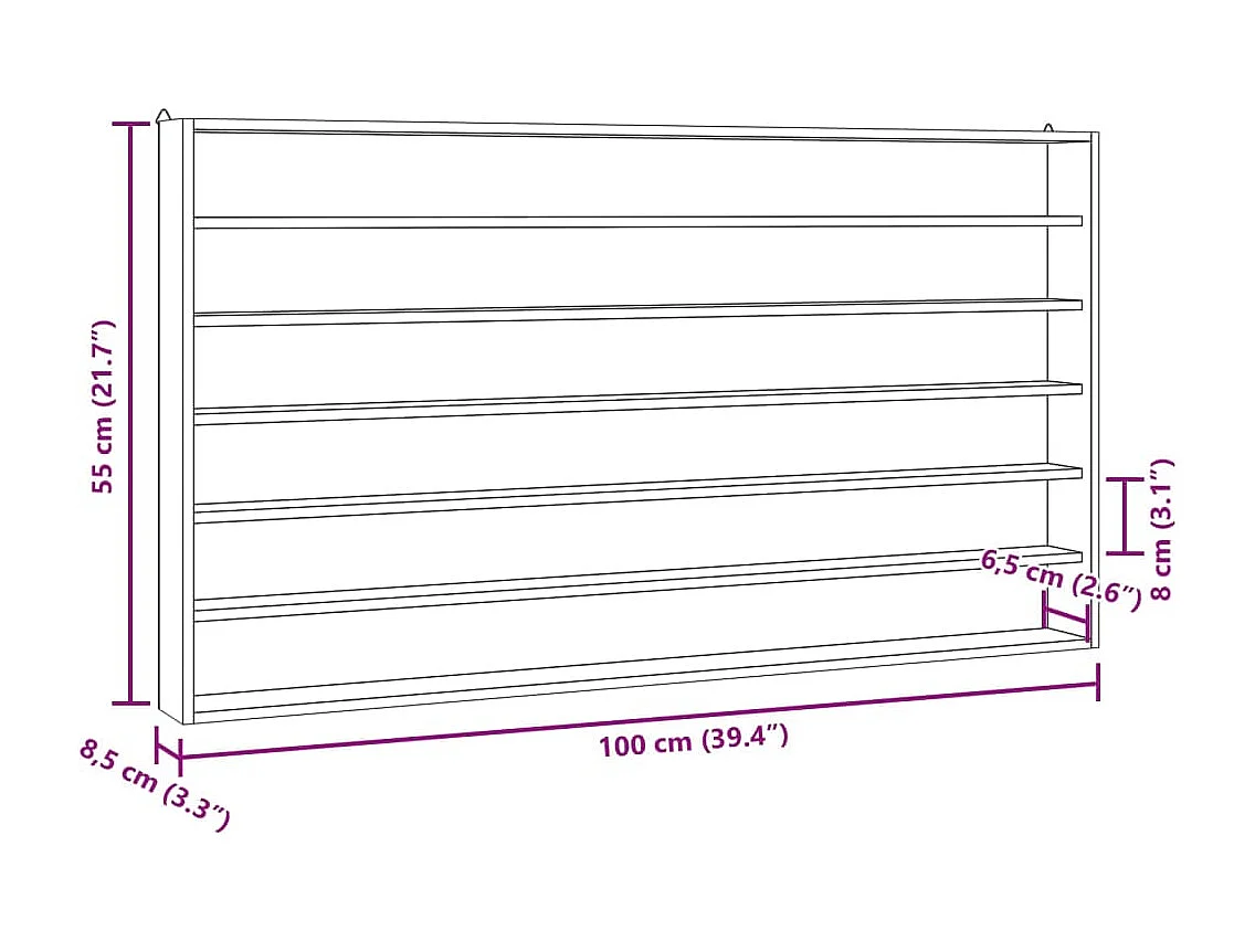 Houten collectie vitrine met 6 planken 100x8,5x55 cm