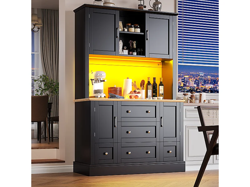 Credenza da cucina di alta qualità - 115 x 40 x 180 cm - con LED + 3 cassetti + 4 ante - MDF - nero