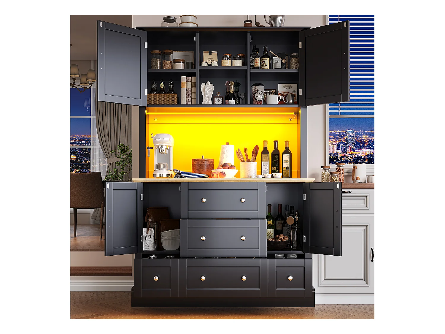 Buffet de cuisine de haute qualité - 115 x 40 x 180 cm - avec Leds + 3 tiroirs + 4 portes - MDF - noir