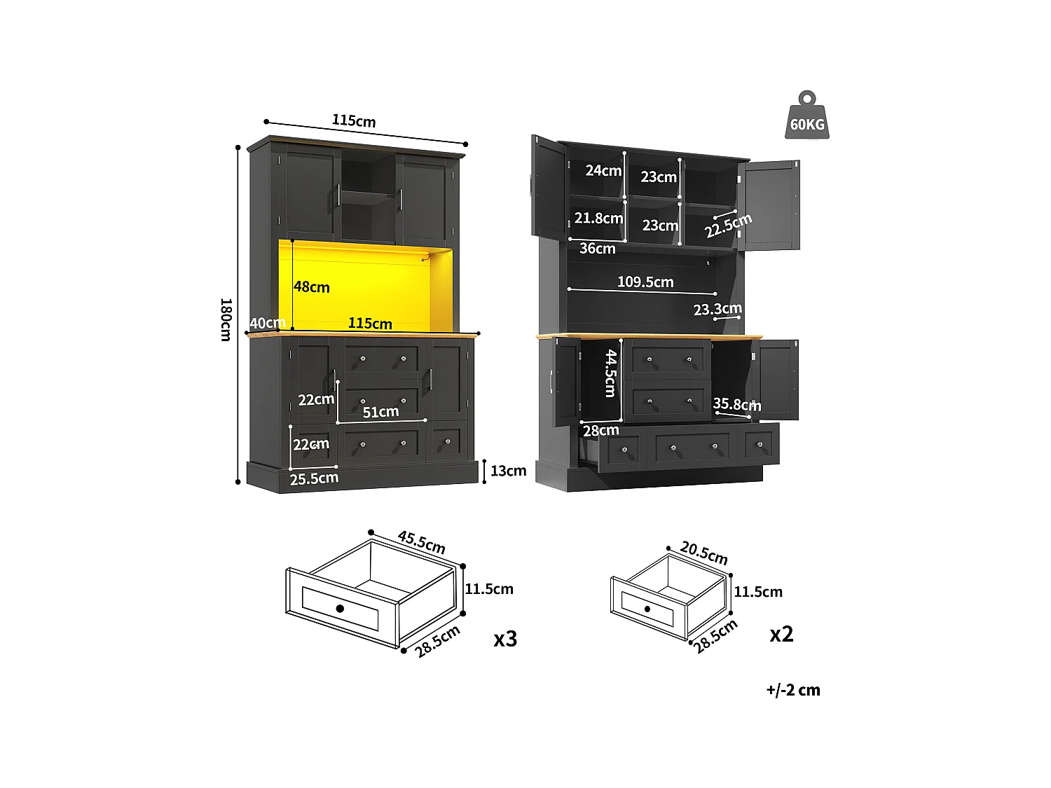 Buffet de cuisine de haute qualité - 115 x 40 x 180 cm - avec Leds + 3 tiroirs + 4 portes - MDF - noir