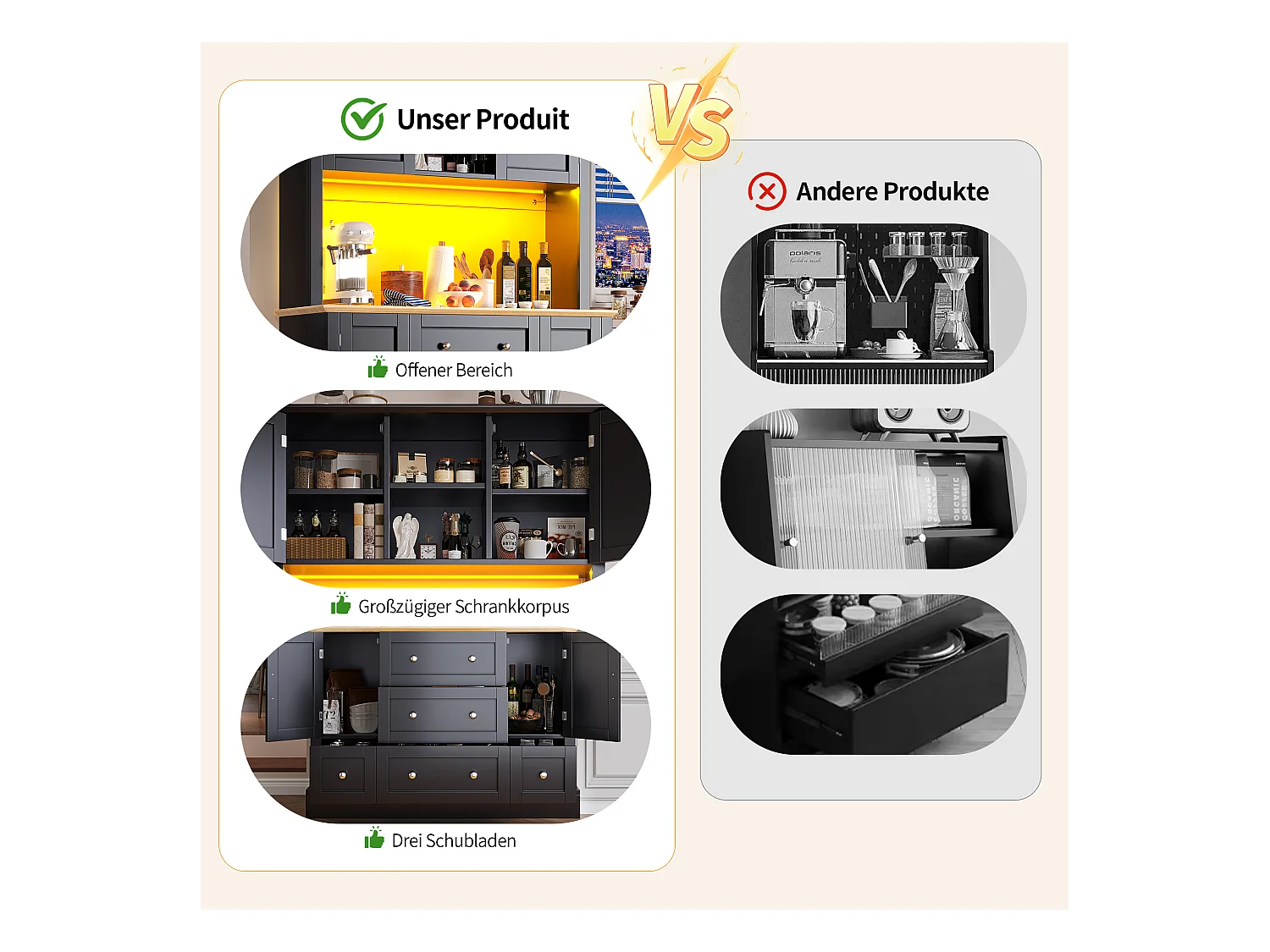 Buffet de cuisine de haute qualité - 115 x 40 x 180 cm - avec Leds + 3 tiroirs + 4 portes - MDF - noir