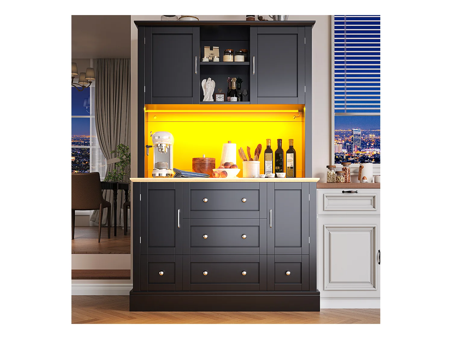 Buffet de cuisine de haute qualité - 115 x 40 x 180 cm - avec Leds + 3 tiroirs + 4 portes - MDF - noir